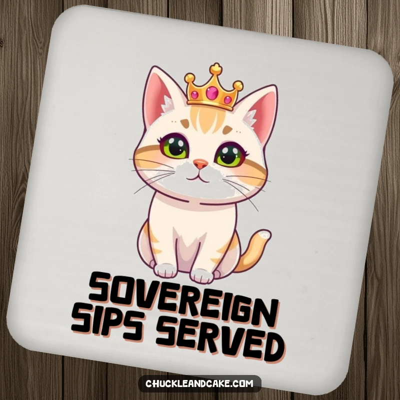 Funny coaster featuring a Bobtail cat wearing a small crown, looking regal, adding a touch of majesty to drink service.