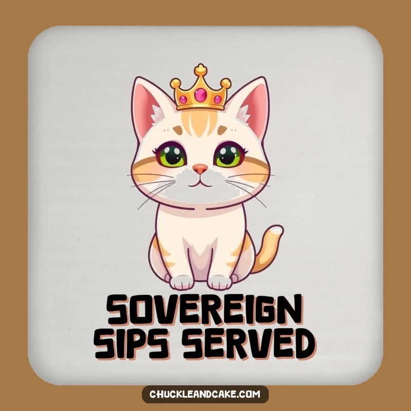 Funny Bobtail Cat Drink Coaster: Regal Ruler with Crown