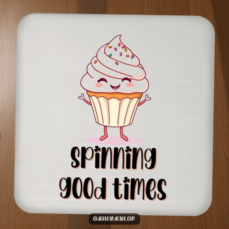 Funny drink coaster showcasing a smiling cupcake with dancing legs, providing a humorous and protective surface for beverages.