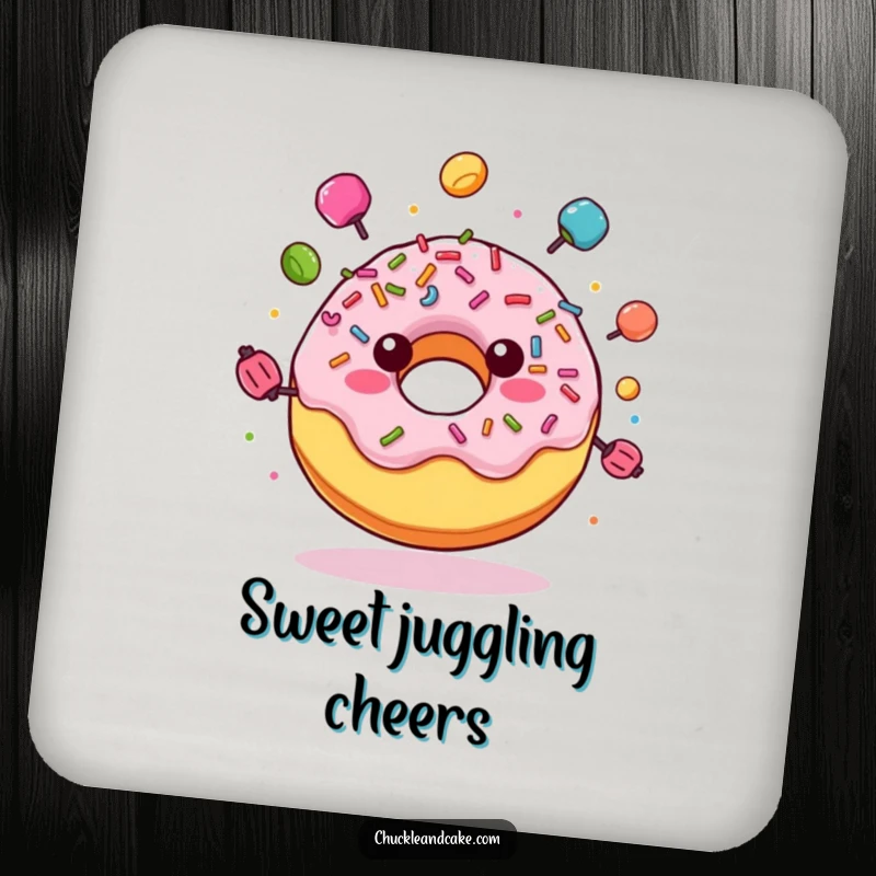 Funny drink coaster with a joyful donut with sprinkles, juggling colorful candies, providing a humorous and protective surface.