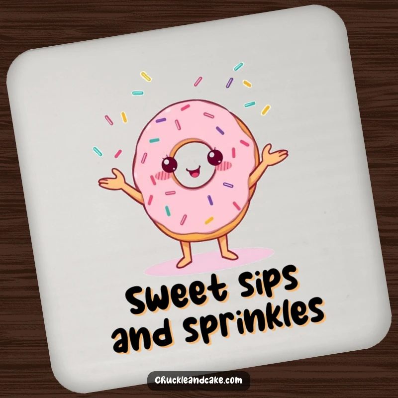 Funny drink coaster featuring a cheerful donut with small eyes juggling colorful sprinkles.