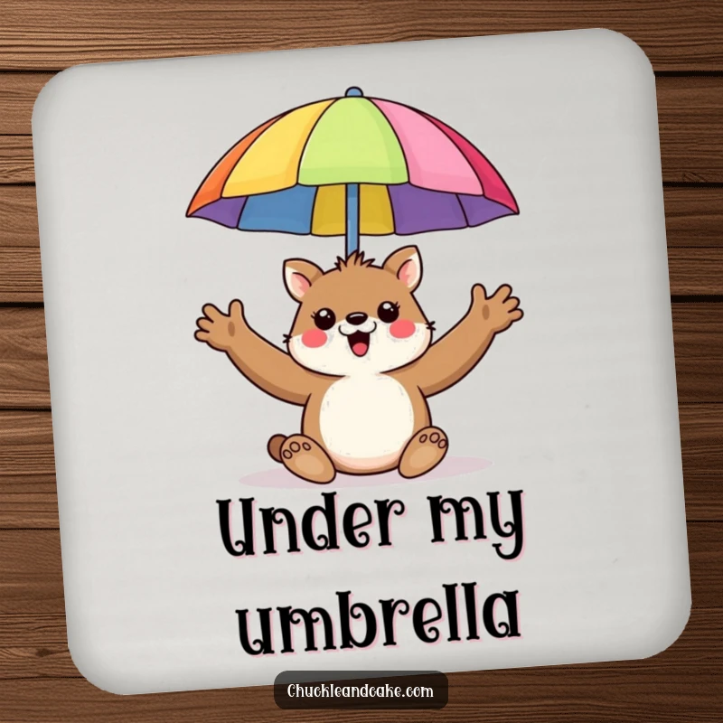 Funny drink coaster art of an animal enthusiastically holding up a colorful beach umbrella.