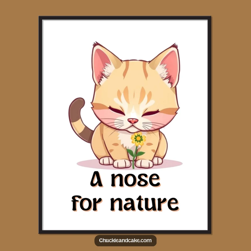 Funny Bobtail Cat Sniffing Flower Poster - Whimsical Wall Art for Animal Lovers