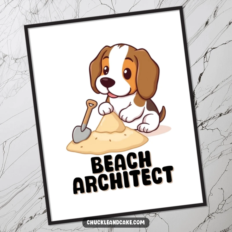 Funny Basset Hound poster featuring a cute Basset Hound diligently constructing a sandcastle with a small shovel on a sunny beach.