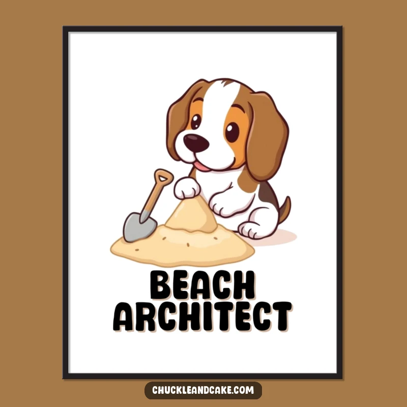 Funny Basset Hound Sandcastle Poster: Whimsical Dog Art Print Gift
