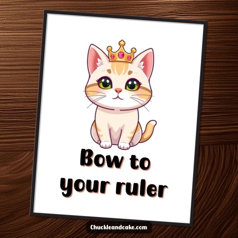 Funny poster art of a Bobtail cat wearing a small crown, looking regal, creating a sophisticated and majestic atmosphere.