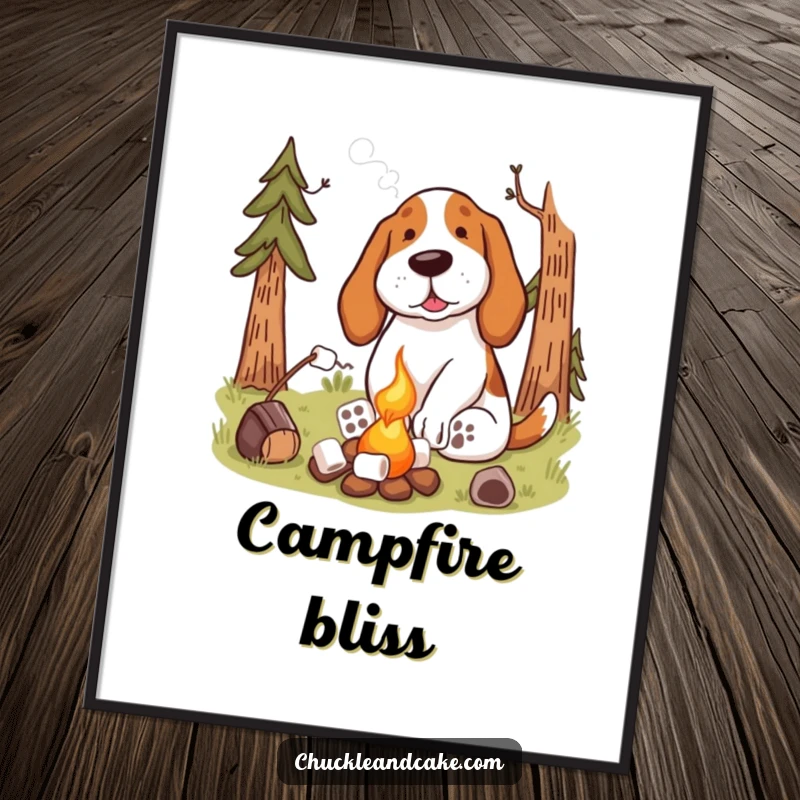 Funny Basset Hound Campfire Poster showing a dog toasting marshmallows by a fire, perfect for cozy wall decor.