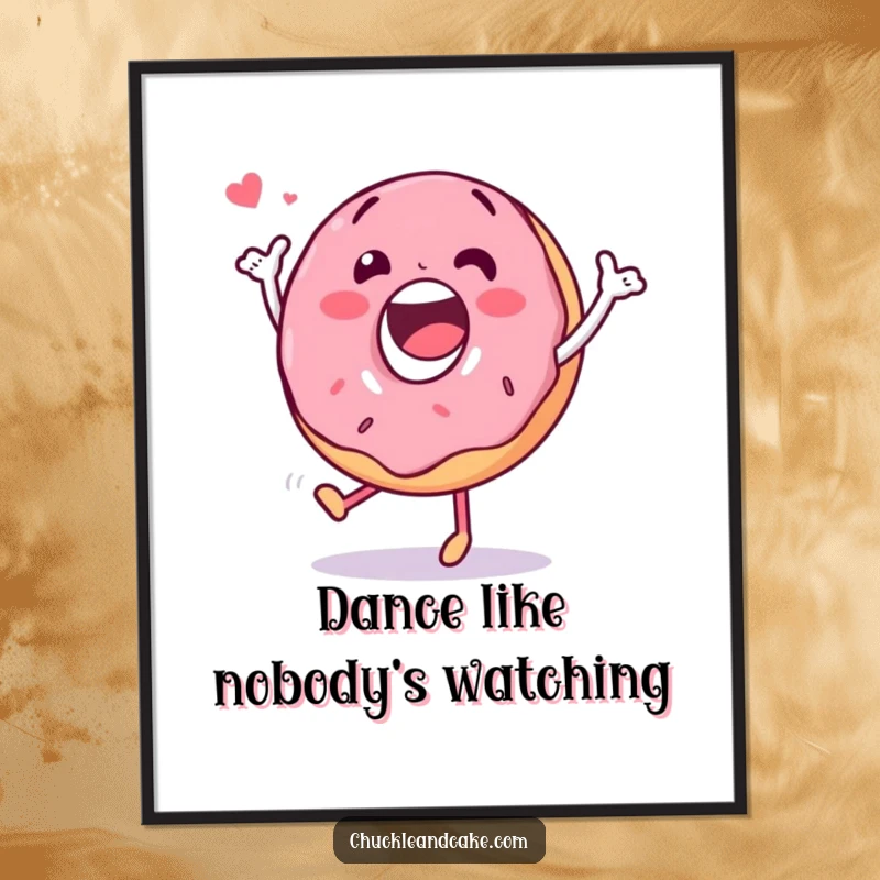 Funny poster of a happy donut character doing a silly dance, perfect for adding vibrant, cheerful wall decor.