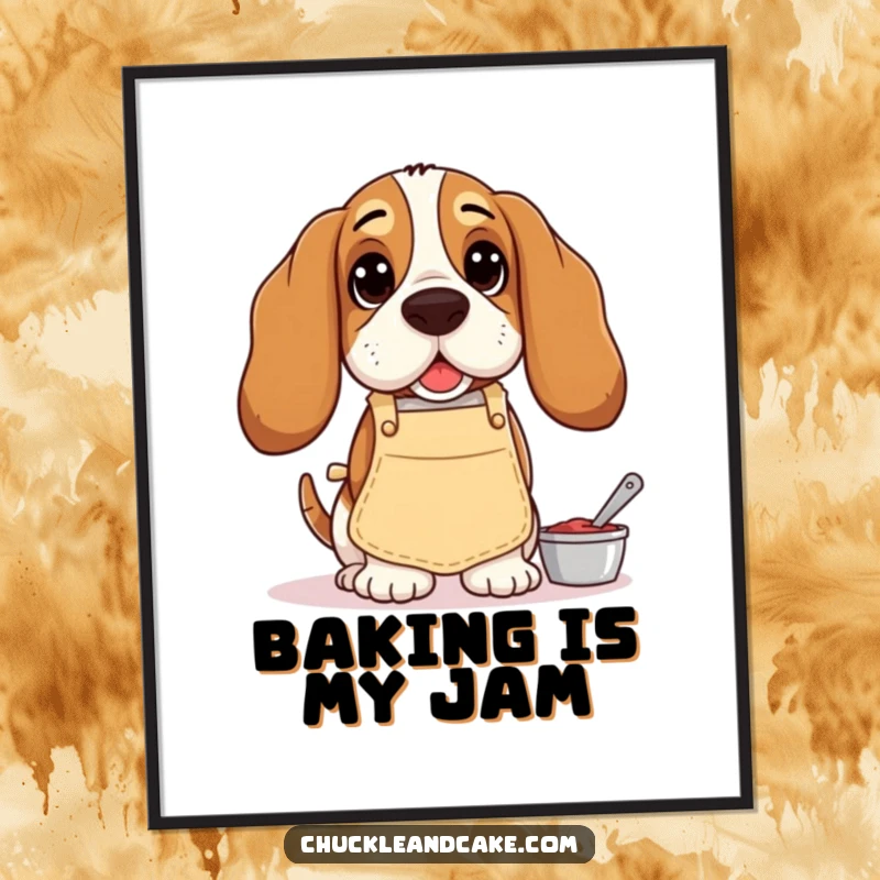 Funny Basset Hound poster, droopy-eared dog in a small apron, baking with a humorous and endearing expression, perfect wall art.