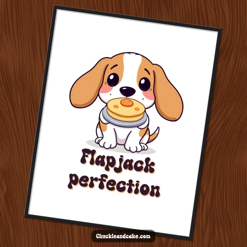 Funny Basset Hound Pancake Poster showing a cute dog proudly displaying its small breakfast treat, a whimsical art piece.