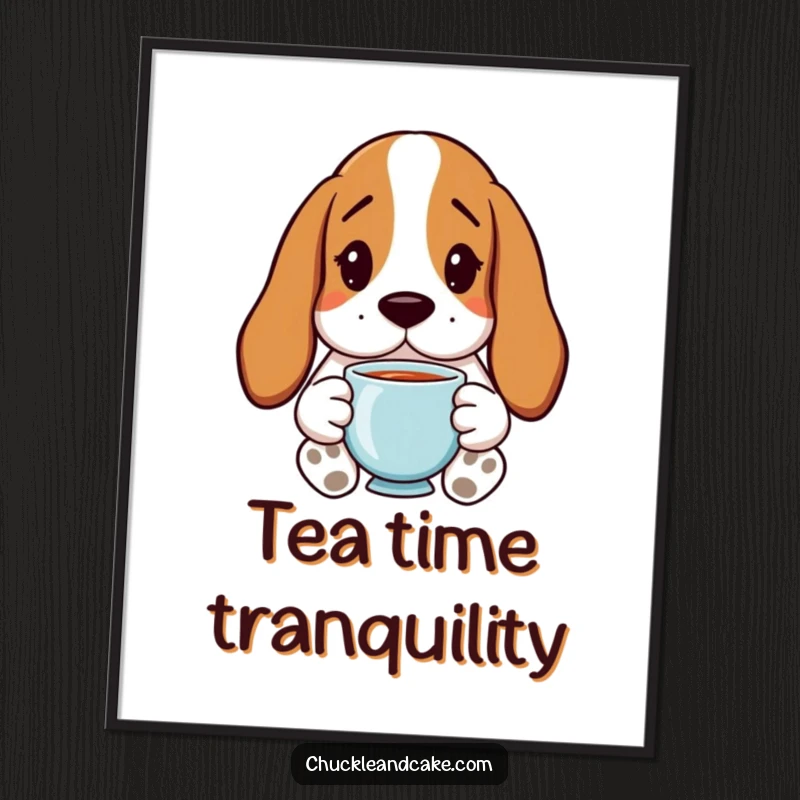 Funny Basset Hound Poster with droopy ears, holding a cup of tea, offering relaxed humorous wall decor.
