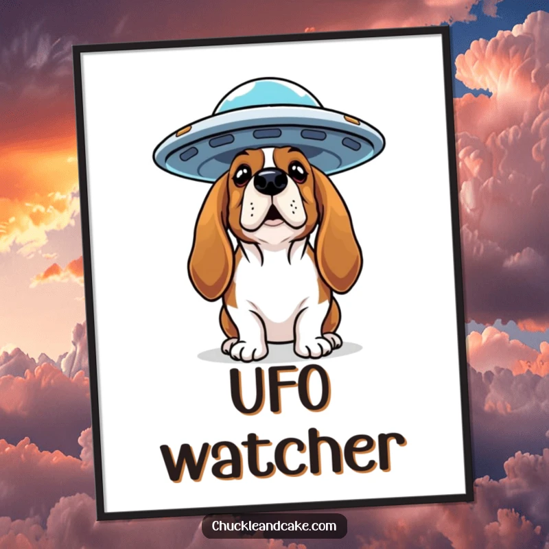 Funny Basset Hound poster print of a curious dog looking up at a flying saucer, capturing an intriguing alien encounter.