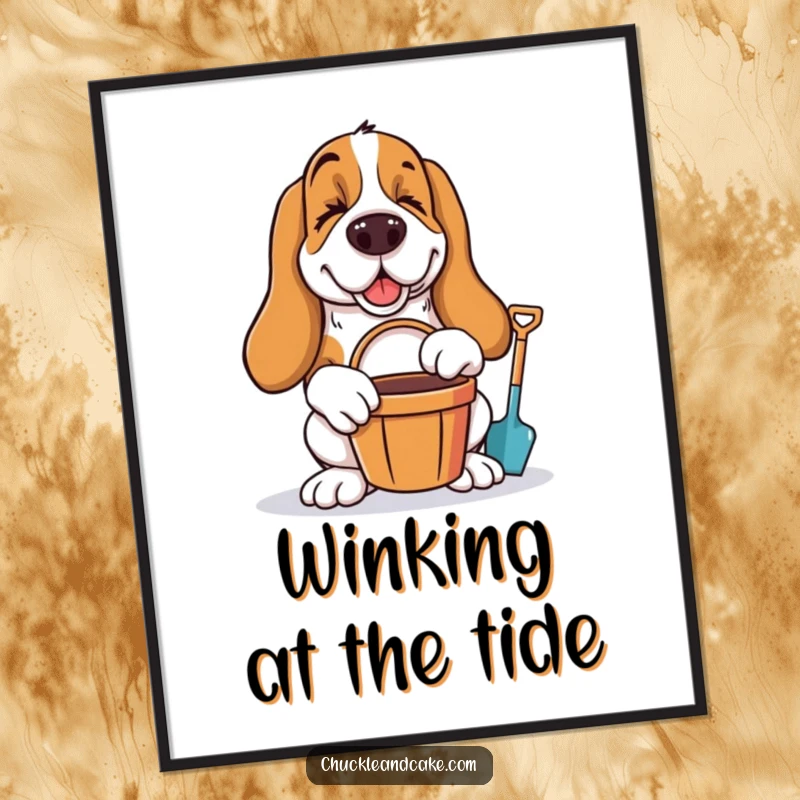 Funny Basset Hound winking with bucket and spade, ready for beach vacation, displayed as humorous wall art poster.