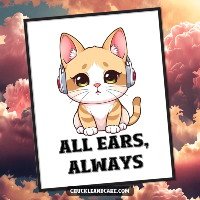 Funny poster art of a Bobtail cat wearing ear warmers, listening intently, creating a calm and focused atmosphere on any wall.