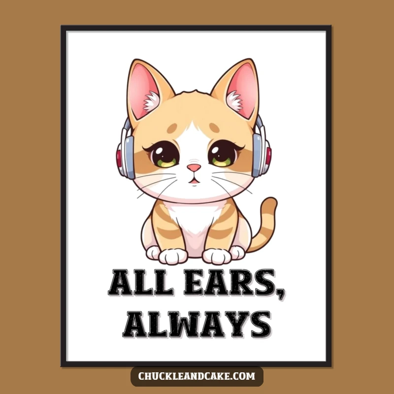 Funny Bobtail Cat Art Poster: Listener in Ear Warmers for Decor