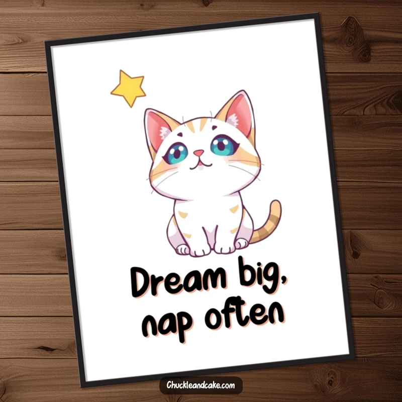 Funny Bobtail Cat Poster: A charming bobtail cat gazes upwards at a twinkling star, creating a serene and magical wall art.