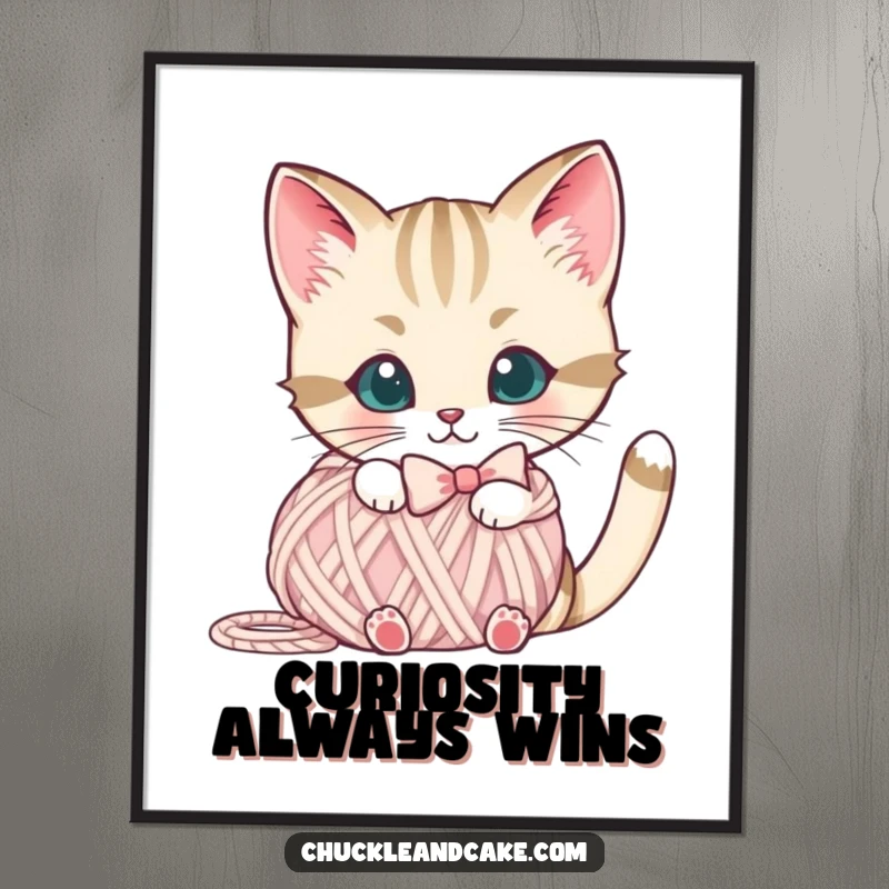 Funny Bobtail cat poster depicting a cute cat with a bow peeking from behind a yarn ball, ideal for cat-themed decor.