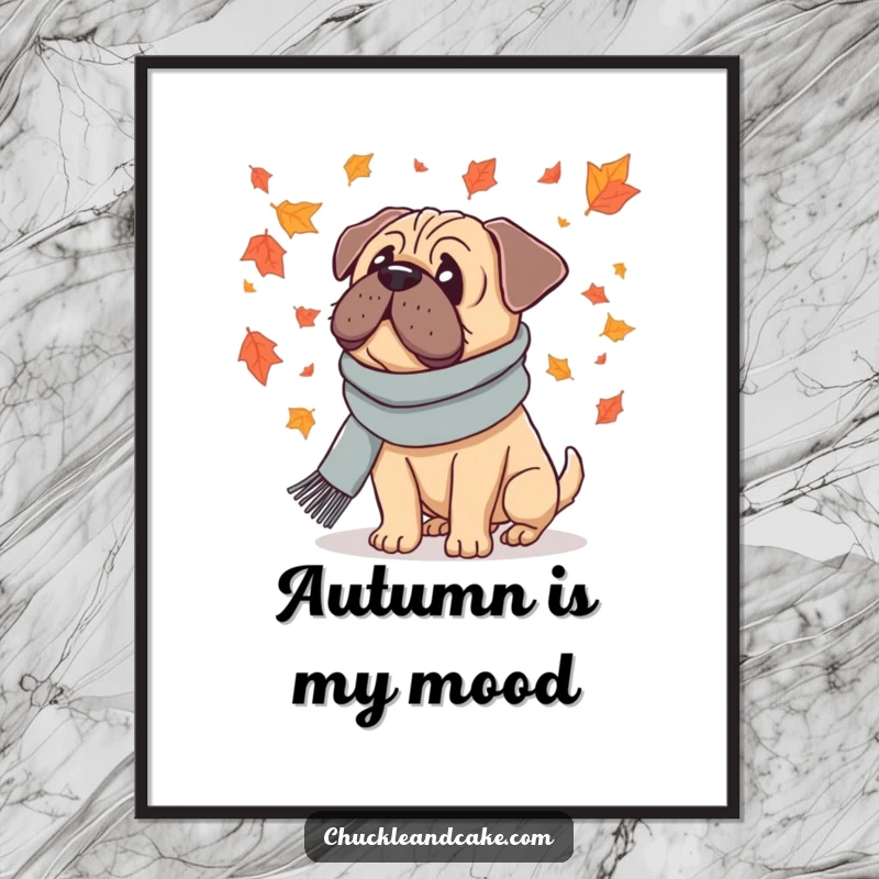 Funny poster featuring a Bullmastiff dog wearing a scarf, looking contemplatively at falling autumn leaves, capturing seasonal beauty.
