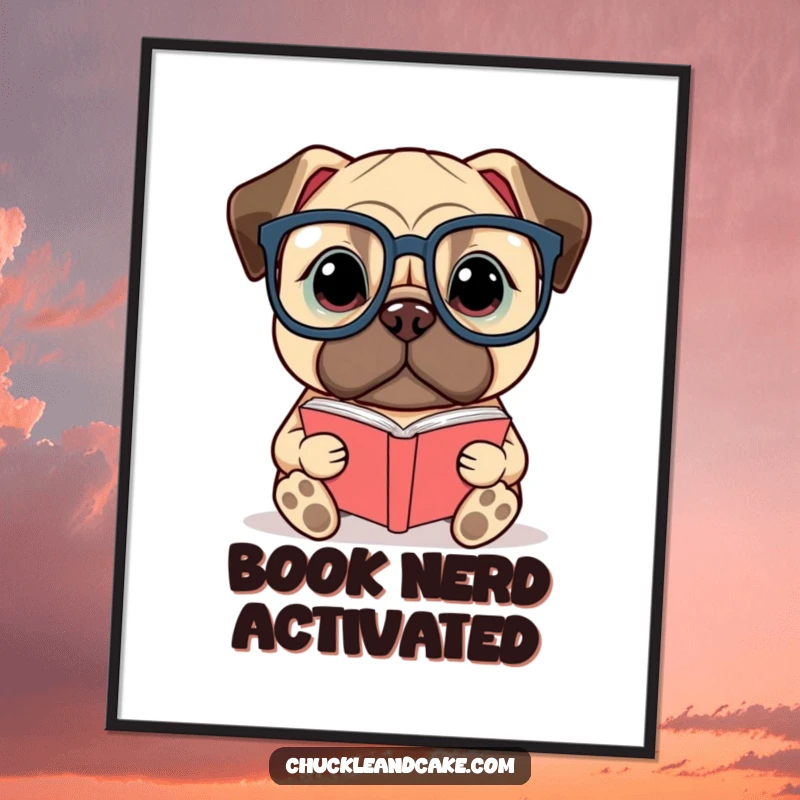 Funny Bullmastiff poster featuring a dog with glasses reading a small book, adding a touch of whimsical literary charm to any room.