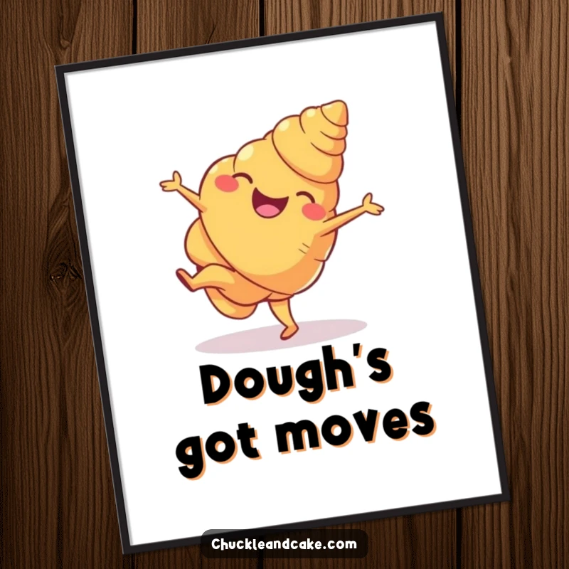 Funny croissant poster showcasing a lively croissant mid-cartwheel, celebrating the joy of movement and baked goods with artistic flair.