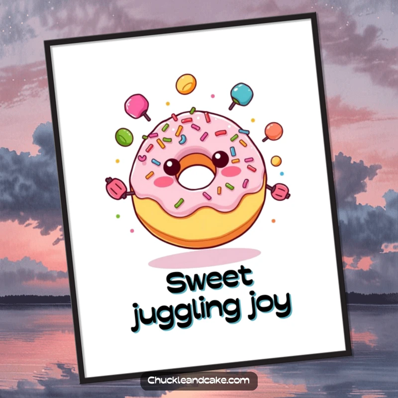 Funny poster art featuring a joyful donut with sprinkles, expertly juggling colorful candies, full of exaggerated sweetness and comical motion.
