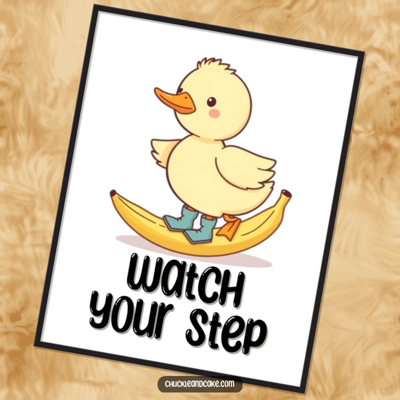 Funny waddling duck wearing boots, comically slipping on a banana peel, humorous wall art.