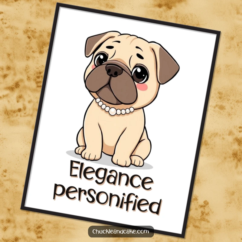 Funny poster showcasing a Bullmastiff dog wearing a small pearl necklace, looking elegantly refined and poised.