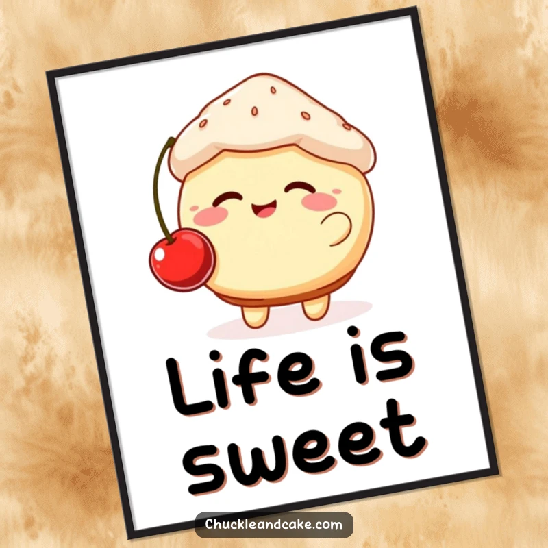 Funny poster of a giggling, plump muffin with rosy cheeks bouncing a cherry, radiating pure, sweet, and innocent fun.