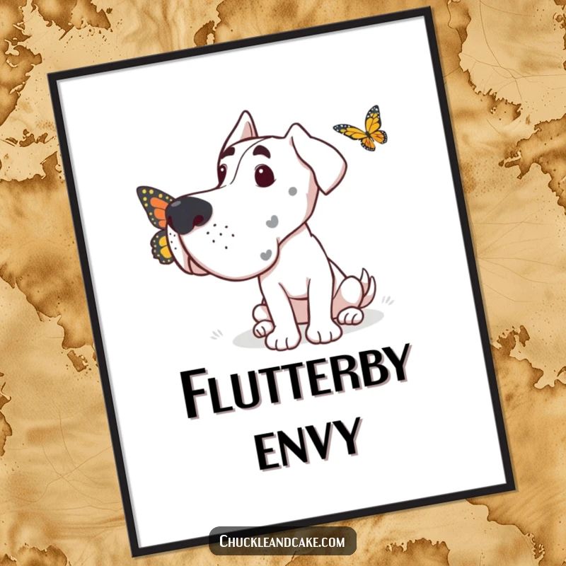 Funny Grand Dane poster showing a dog looking with gentle intrigue at a small butterfly fluttering gracefully past.