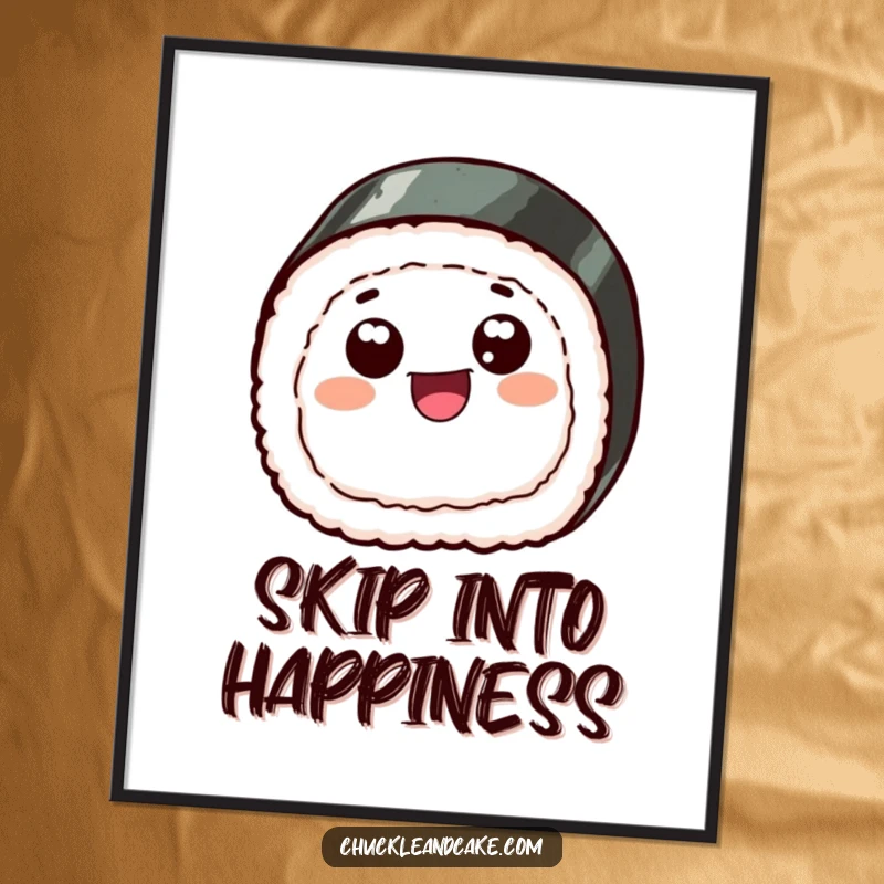 Funny poster art featuring a happy sushi slice with large googly eyes, joyfully skipping, creating a whimsical and humorous visual.