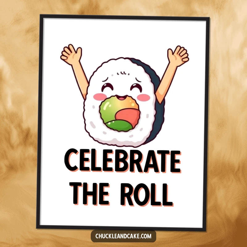 Funny poster of a delighted sushi roll with arms up, celebrating enthusiastically, perfect for adding festive energy.