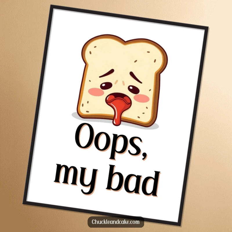 Funny embarrassed slice of toast accidentally spraying jam, humorous wall art.