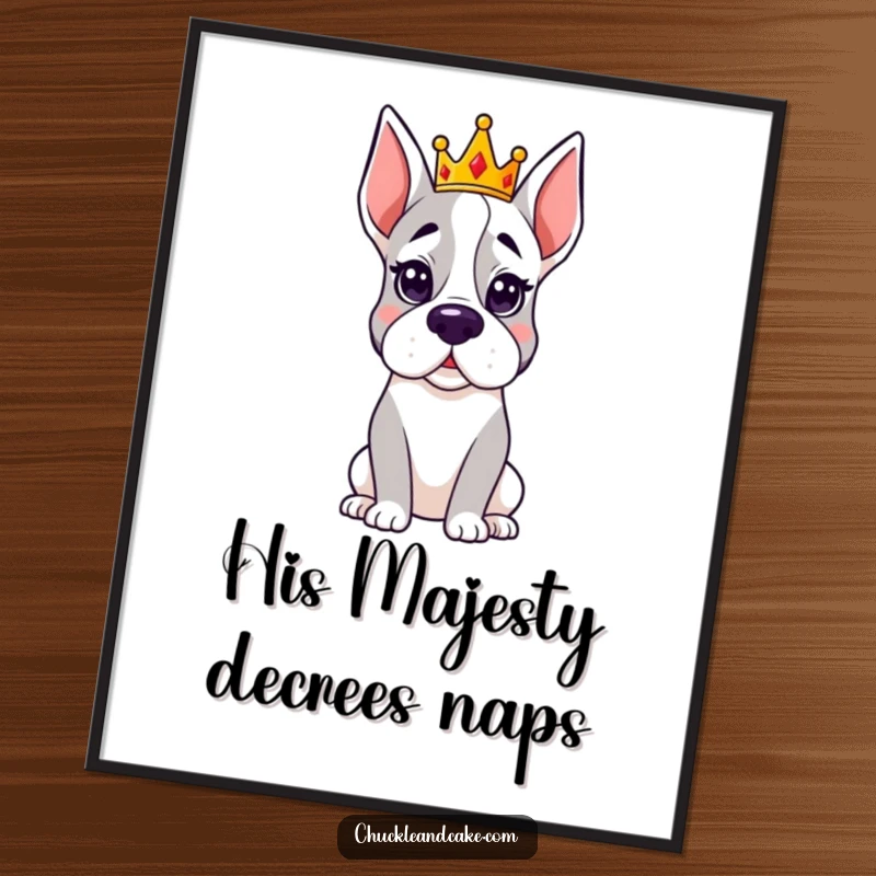 Funny Grand Dane poster of a dog wearing a small crown with a serious, regal expression, exuding hilarious authority.