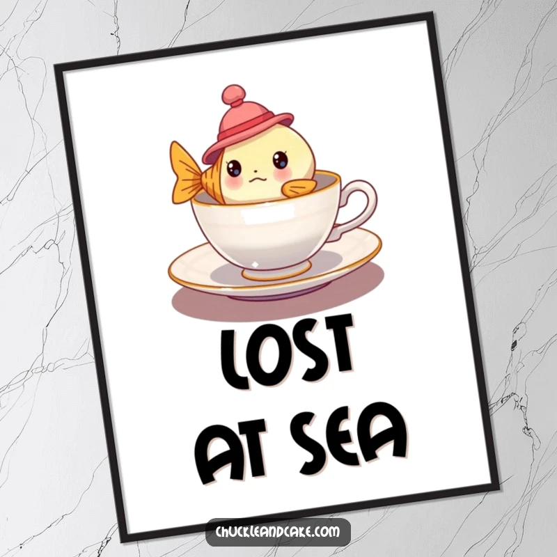 Funny bewildered fish in a tiny hat floating in a teacup on a poster, amusing and quirky wall art.