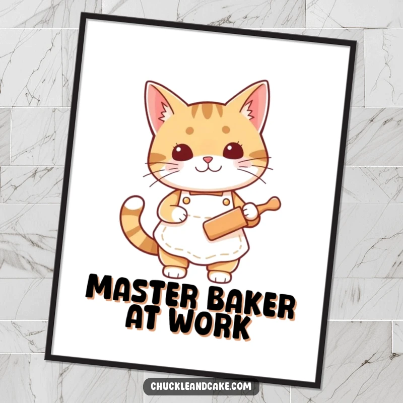 Funny Bobtail cat poster depicting a cat in an apron holding a rolling pin, ready to bake, perfect for kitchen art.