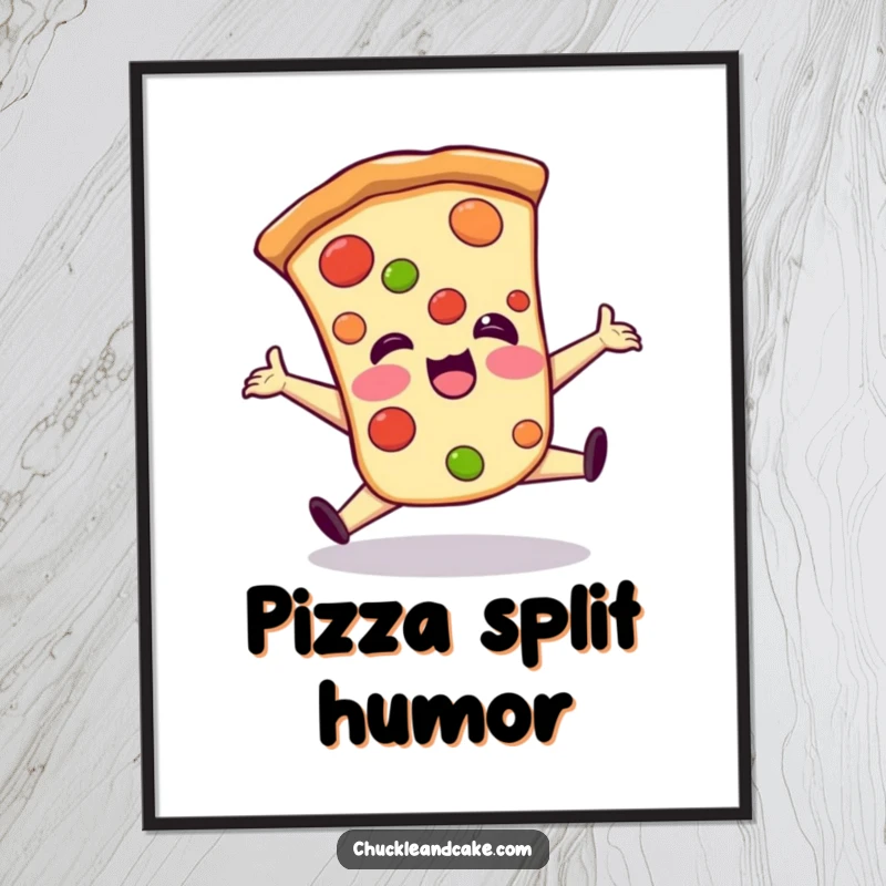 Funny poster art featuring a giggling pizza slice in a wide, clumsy split, full of exaggerated glee and comical motion.