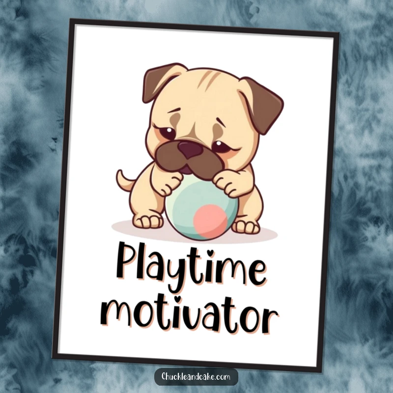 Funny poster showcasing a Bullmastiff dog gently nudging a bouncing ball, capturing dynamic and joyful playtime.