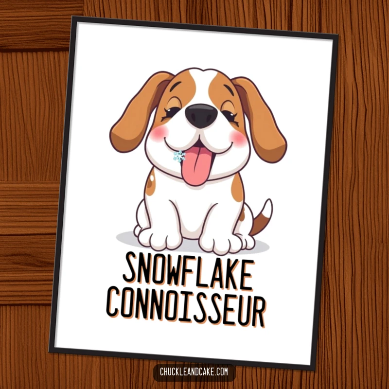 Funny Basset Hound poster print of a happy dog catching a snowflake on its tongue with absolute delight, celebrating winter.