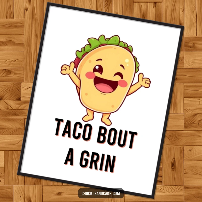 Funny poster of a taco character cheering enthusiastically with a massive grin, perfect for vibrant wall decor.