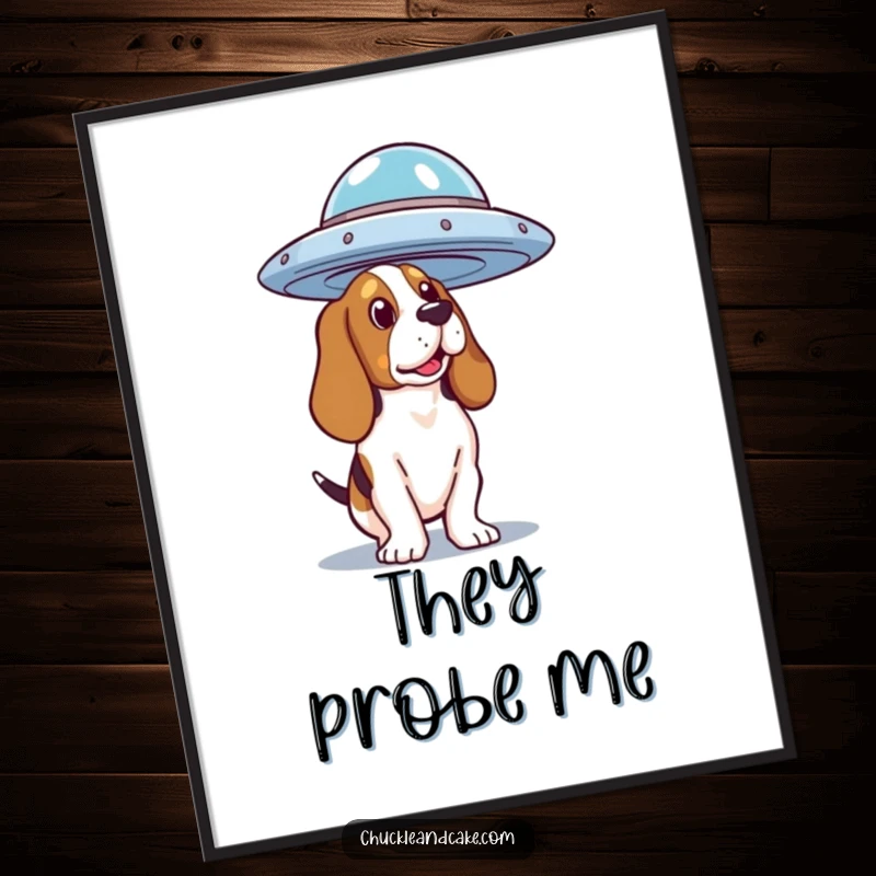 Funny Basset Hound UFO Poster showing a curious dog observing a flying saucer, a humorous piece of cosmic art.