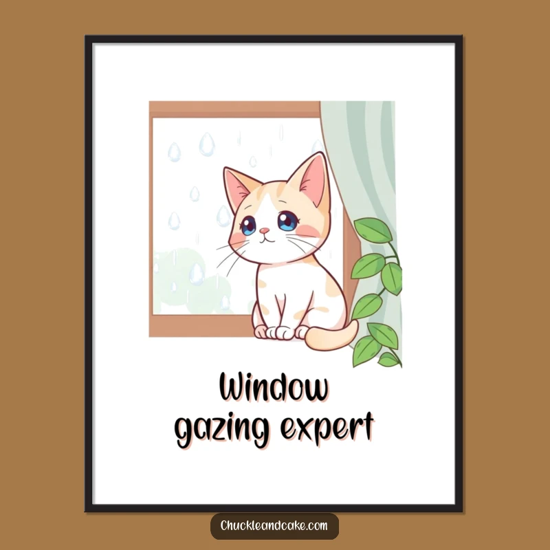 Funny Bobtail Cat Art Poster: Rainy Day Window Watcher