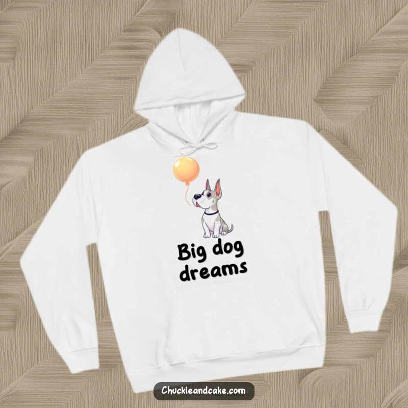 Funny Grand Dane hoodie featuring a majestic dog staring up with gentle curiosity at a whimsical floating balloon.