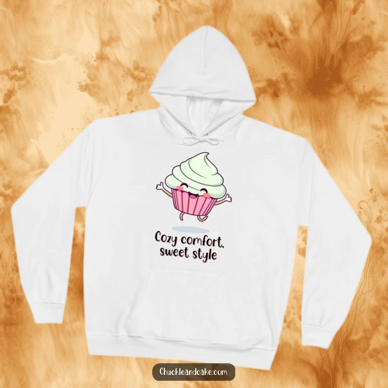 Funny hoodie depicting a happy cupcake with legs joyfully leaping, conveying a sense of carefree fun and warmth.