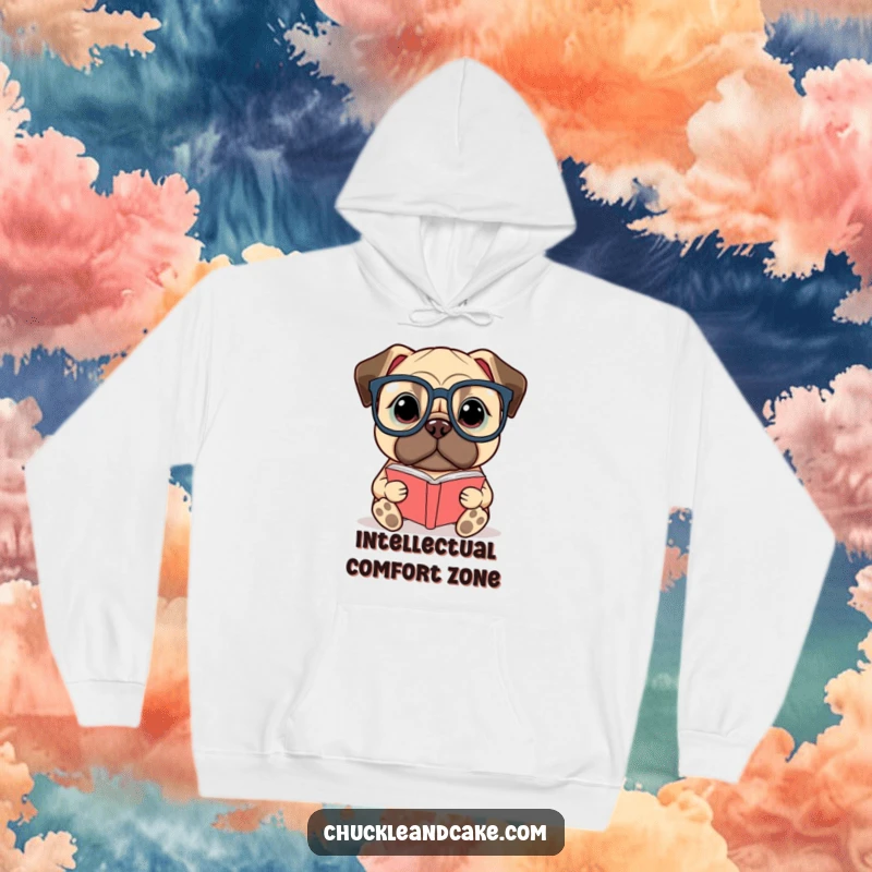 Funny Bullmastiff hoodie depicting a studious dog wearing glasses and reading a tiny book, perfect for a cozy reading session.