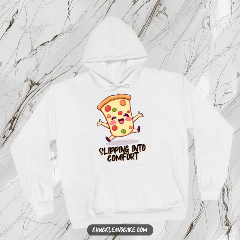 Funny hoodie illustrating a giggling pizza slice in a wide, clumsy split, radiating cheesy, playful humor.