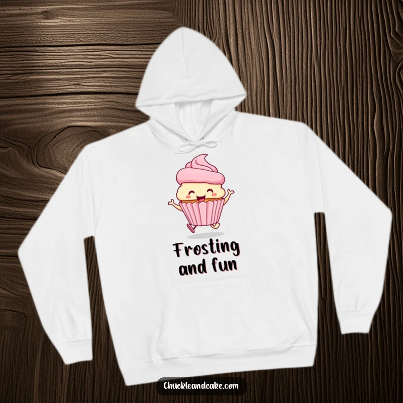 Funny hoodie depicting a smiling cupcake with a frosting hat, skipping joyfully.