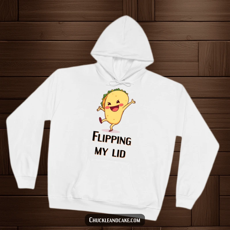 Funny hoodie illustrating a happy, grinning taco mid-cartwheel, radiating energy and playful, Mexican-inspired humor.