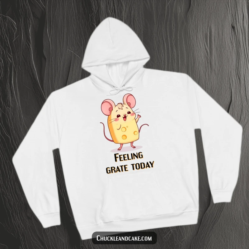 Funny slice of cheese with mice ears wiggling and performing a jig, a cozy hoodie featuring a dancing food character.