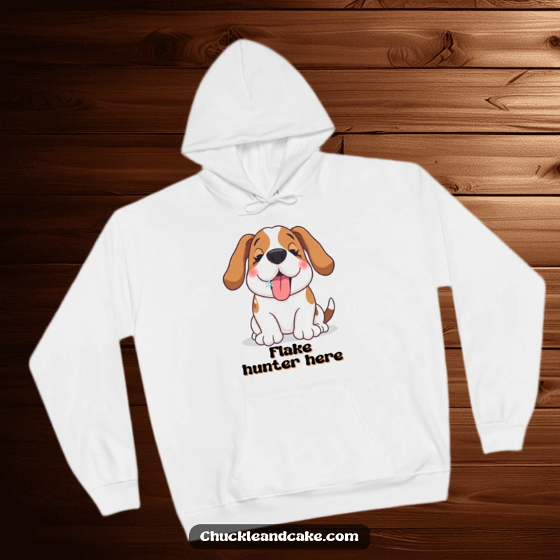 Funny Basset Hound hoodie featuring a happy dog catching a snowflake on its tongue, perfect for warm winter comfort.