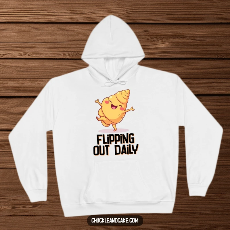 Funny croissant hoodie showing a laughing croissant performing a spectacular cartwheel, embodying pure joy and energetic pastry fun.